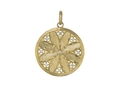 18kt yellow gold Gothic disc pendant with 0.6 cts diamonds. Available in white, yellow, or rose gold.
